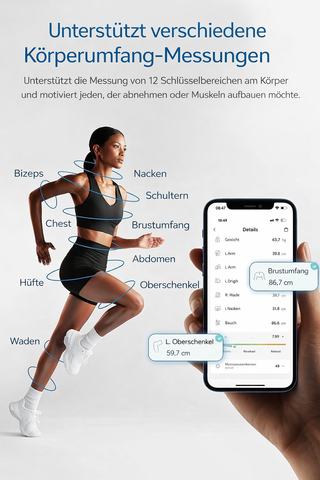 Intelligentes Körpermaßband mit APP, Bluetooth-Körpermaßband für Fitness, Gewichtsverlust, Messung, LED-Anzeige